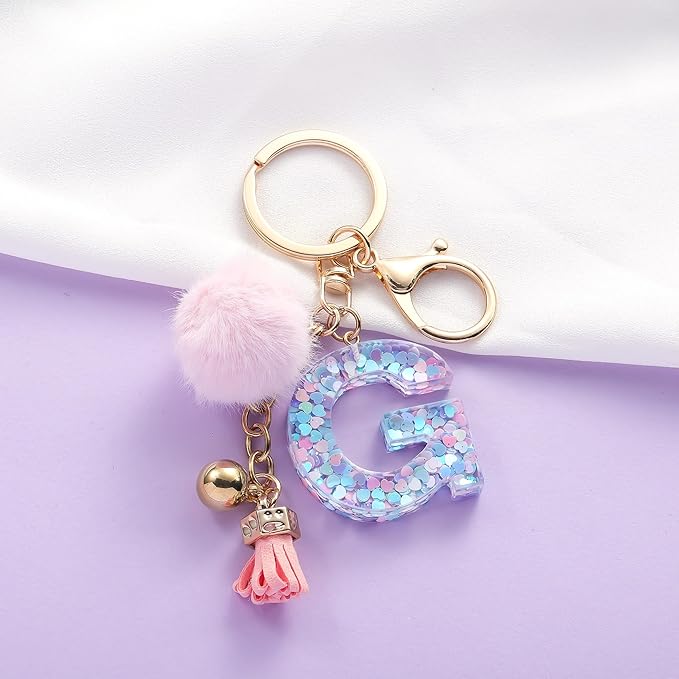 Resin Alphabet Initial Letter Keychain Keyring for Women Purse Handbags With Fur Ball Pom