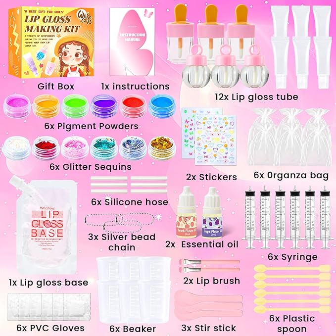 WhizToys DIY Lip Gloss Making Kit,Make Your Own Lip Glosses Set,10-12 Teen Girl Gifts for Makeup Lover Beginner,Tween Girls Trendy Stuff,200ml Lipgloss Base