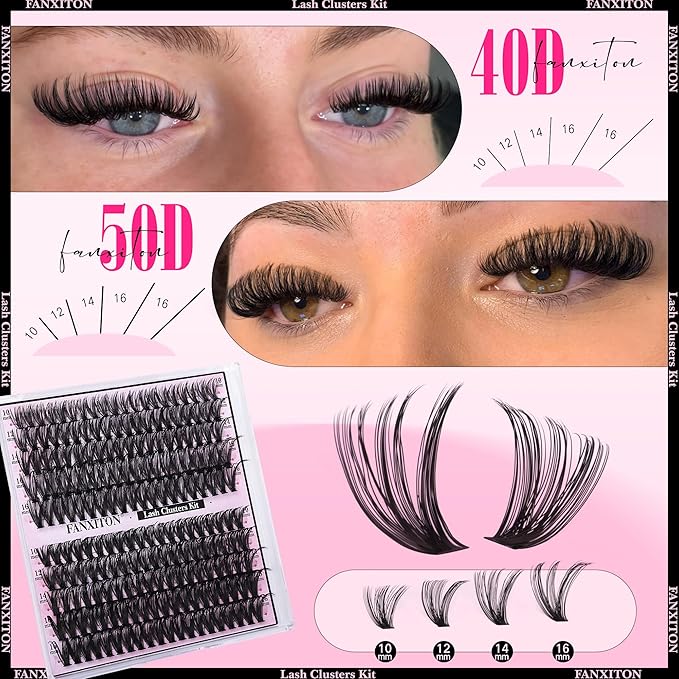 DIY Lash Extension Kit Natural Look Wispy Lash Clusters D Curl 40D+50D 10-16MM Eyelash Extension Kit Individual Lashes Lash Cluster Kit For Beginners (No Glue)