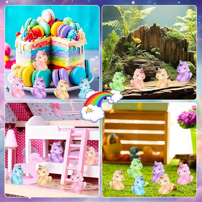 120Pcs Luminous Mini Resin Unicorn Figurines Glow in The Dark Tiny Unicorn to Hide Bulk Plastic Animals for Micro Landscape Fairy Garden Aquarium Dollhouse Birthday Party DIY Crafts Decor