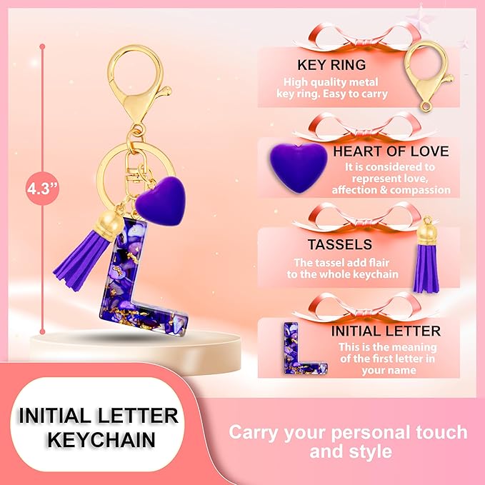 Initial Keychains for Women with Cute Heart Resin - Alphabet Letter Keychain for Bag, Backpacks, Purse or Car key