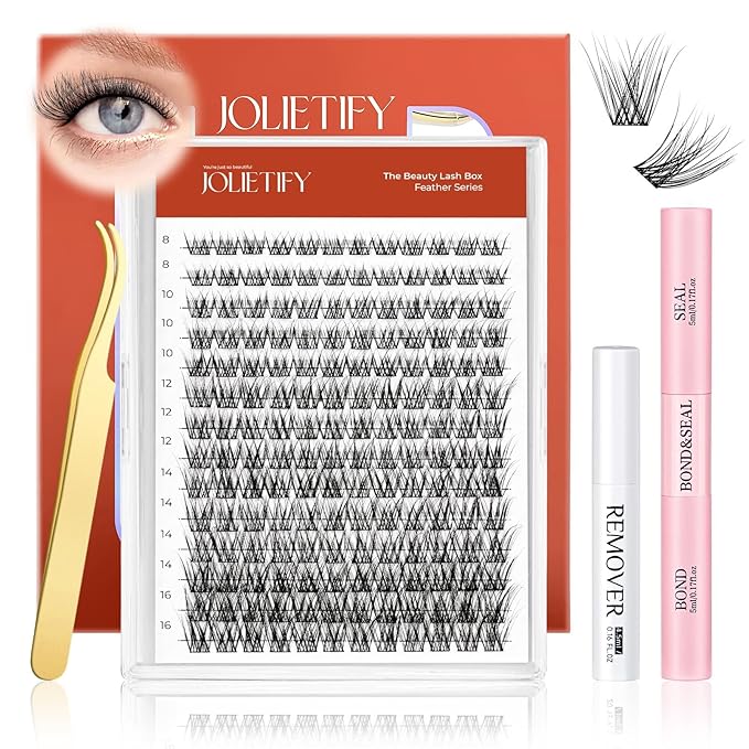 JOLIETIFY Lash Extension Kit, Natural Look, Wispy Faux Mink 8-16mm DIY Cluster Lashes, Soft & Fluffy, Reusable Individual Lashes with Waterproof Bond & Seal, Tweezers & Remover, Easy to Apply