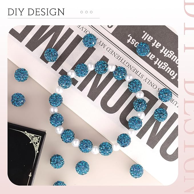 200 Pcs Blue Zircon Rhinestone Beads for Jewelry Making, Sparkle Crystal Clay Christmas for Bracelet Baseball Necklace Earring Crafting and DIY, Shiny Round Shamballa Disco Ball Beads Bulk