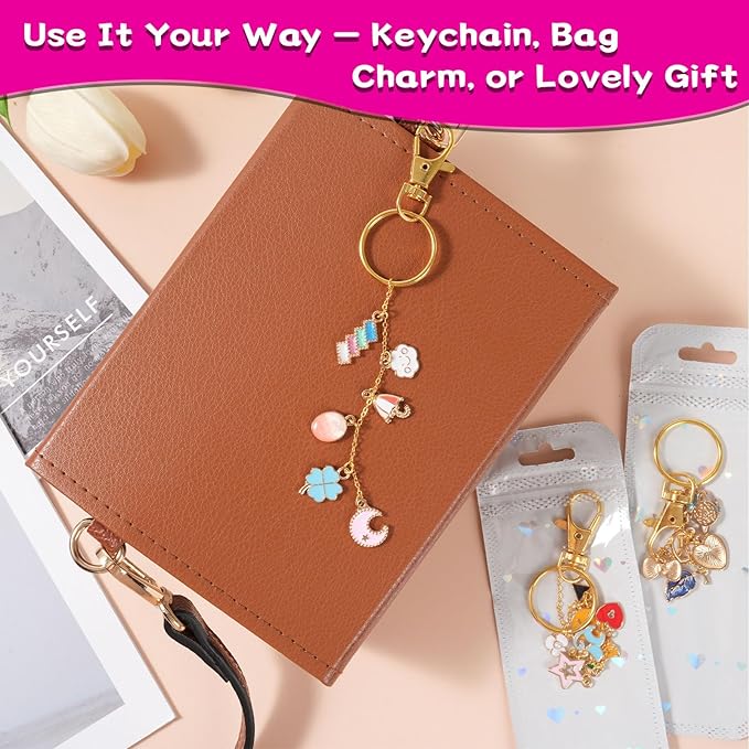 Sileasncei 277Pcs Charms Lip Gloss Keychain Making Kit, DIY Bag Charm Kit with 100 Enamel Charms, Keychain Clips, Chains, Jewelry Pliers, Hole Punch & Gift Bags for Custom Keychains Making Supplies