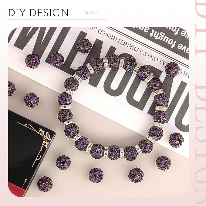 200 Pcs Dark Purple Rhinestone Beads for Jewelry Making, Sparkle Crystal Clay Christmas for Bracelet Baseball Necklace Earring Crafting and DIY, Shiny Round Shamballa Disco Ball Beads Bulk