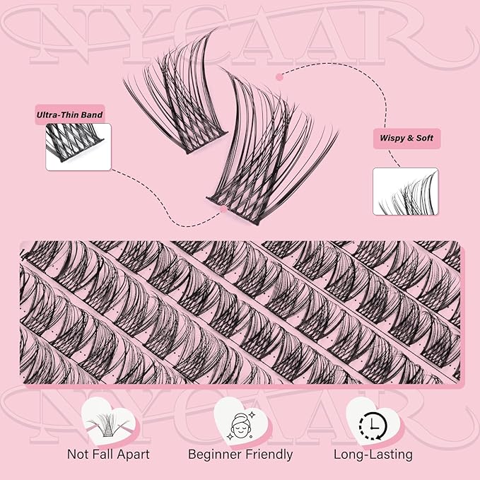NYCAAR Lash Clusters Kit Wispy Natural Lash Extension Kit D Curl 144Pcs Fluffy Individual Lashes 8-18mm Anime Eyelash Extension Kit with Bond and Seal,Remover,Applicators DIY Lashes Kit at Home(NY03)