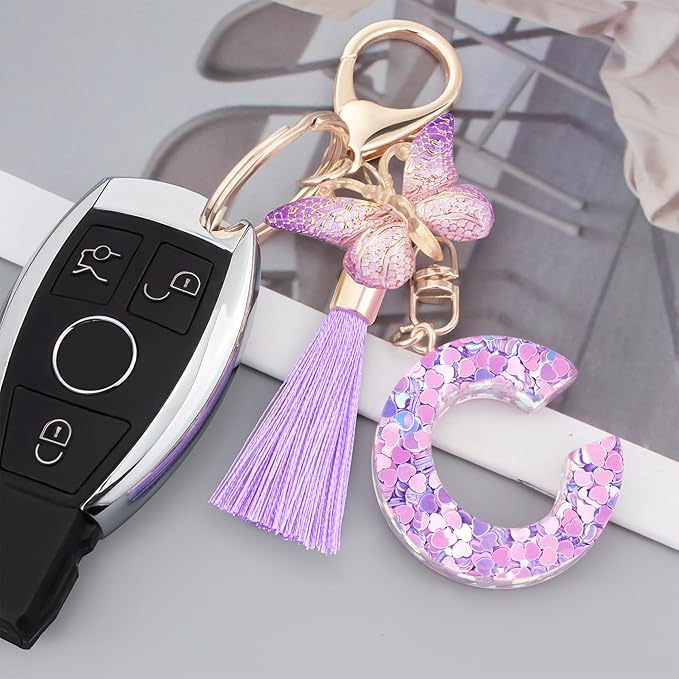 Initial letter Keychains for Women Girls Tassel Butterfly Cute Keychain for Wallet Backpack charm