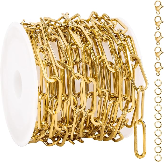 UMAOKANG 6.6 Feet Paperclip Chain for Jewelry Making Gold Plated Stainless Steel Bulk Chain on Spool