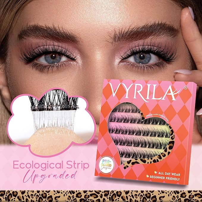 VYRILA Self Adhesive Lash Clusters Kit, D Curl Wispy Pre Glued Lash Extensions with Tweezers, Reusable 0.1mm Ultra Thin Band Natural Eyelashes, Easy Apply Eyelash Clusters for Beginners(PG-ZE02)
