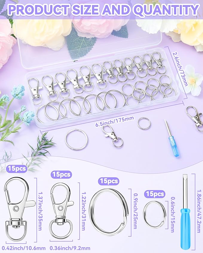 FIVEIZERO 60PCS Silver Swivel Snap Hooks and Key Rings Kit, 30PCS Keychain Clip Hooks, Lobster Clasps, 30PCS Key Chain Rings, KeyRings for Crafts, Jewelry Making and DIY