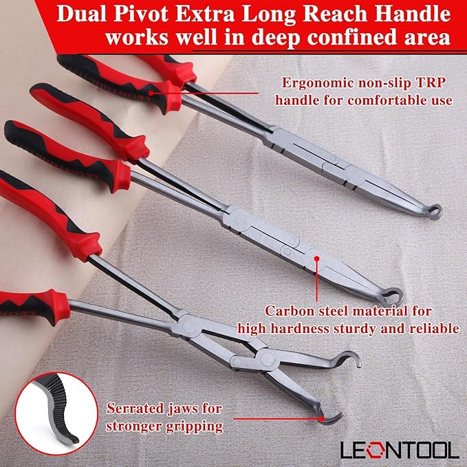 3PCS Extra Long Nose Hose Grip Pliers Set 13" Spark Plug Remeover Pliers Long Reach XL Pivot Ring Nose Plier Double Joint Ring Nose Plier with Serrated Jaw for Hard to Reach Narrow Spaces