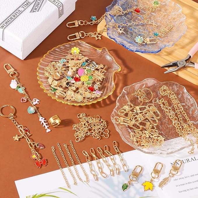 Draupnir 303pcs Keychain Making Kit,Include 137 Bags Charms for Handbags 25 Keychain Charms Clips with Key Ring 20 Extender Bag Chain 120 Jump Ring Jewelry Plier Bag Charm Kit DIY Craft