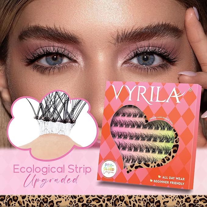VYRILA Self Adhesive Lash Clusters Kit, D Curl Wispy Pre Glued Lash Extensions with Tweezers, Reusable 0.1mm Ultra Thin Band Natural Eyelashes, Easy Apply Eyelash Clusters for Beginners(PG-ZE05)