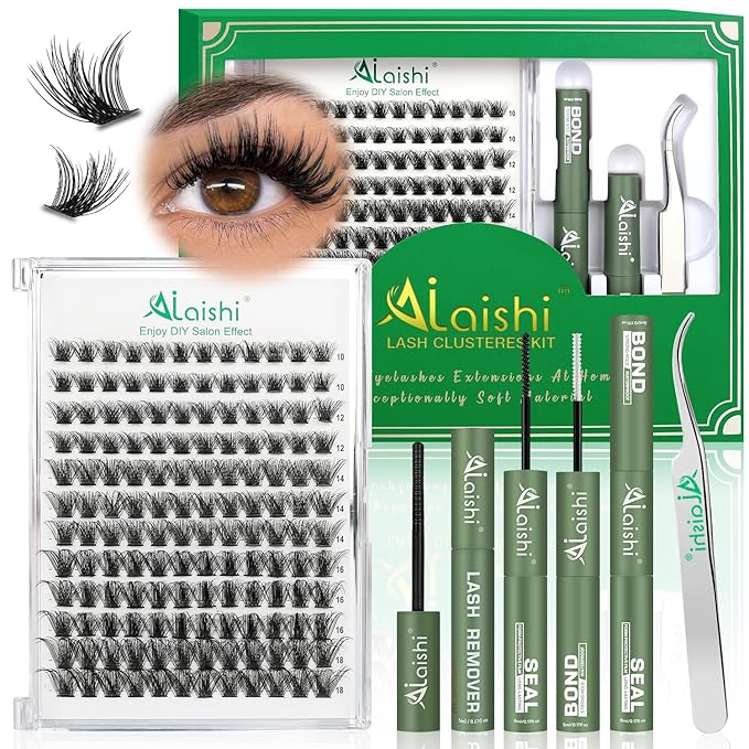 Lash Clusters Kit, DIY 3D Cluster Eyelash Extensions 10‑18mm,144pcs Fluffy D Curl Soft Natural Lashes with Bond and Seal,Remover,Tweezers, –Natural Fake Cat Eye Wispy Individual Clusters（DFW02MIX1-5）