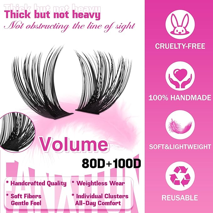 DIY Lash Extension Kit Volume Thick Lash Clusters D Curl 80D+100D 10-16MM Eyelash Extension Kit Individual Lashes Lash Cluster Kit For Beginners (No Glue)