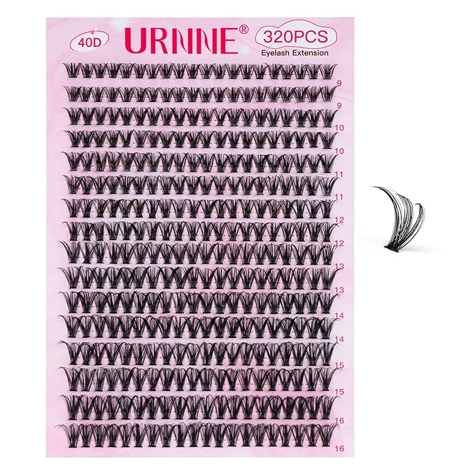 URNNE Lash Extension Kit, 320Pcs Lash Clusters, 40D Lash Clusters Kit, 9-16 mm Individual Cluster Eyelash Extensions with Lash Bond and Seal, Remover, Lash Tweezer DIY Lash Extensions at Home