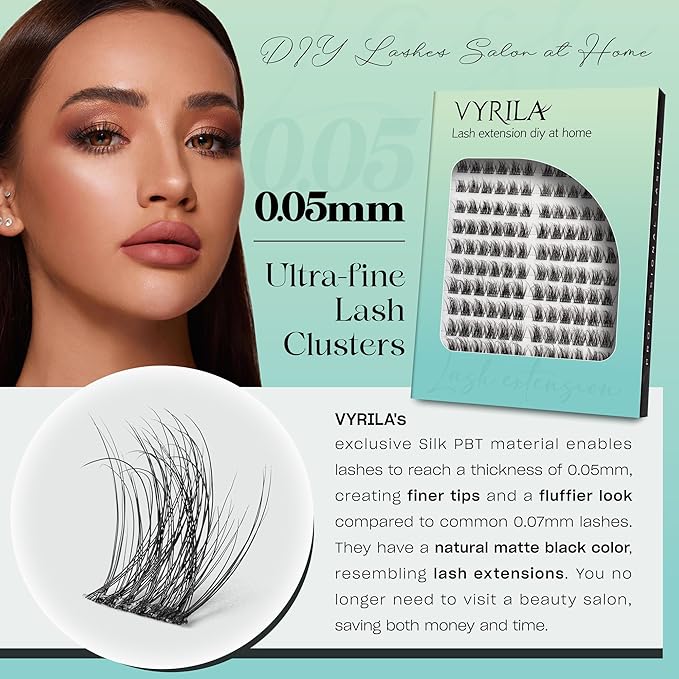 VYRILA Lash Clusters 0.05mm Individual Lashes, 3D Wispy Lashes Clusters, 0.1mm Super Thin Band Resuable Natural Lashes,D Curl Faux Mink Lashes,144pcs Lash Extension (Green Vivid-D-0.05-8-16mix)