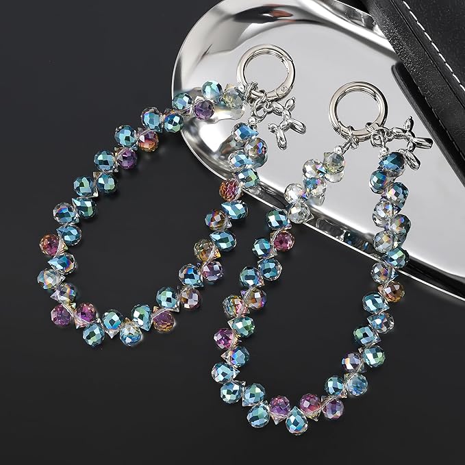 2pcs Crystal Phone Wrist Strap Phone Charm Chain Keychain Beaded Cellphone Lanyard with Tether Tab Hands-Free Wristlet Bracelet Wrist Grip Strap for Women, D-Dark Purple