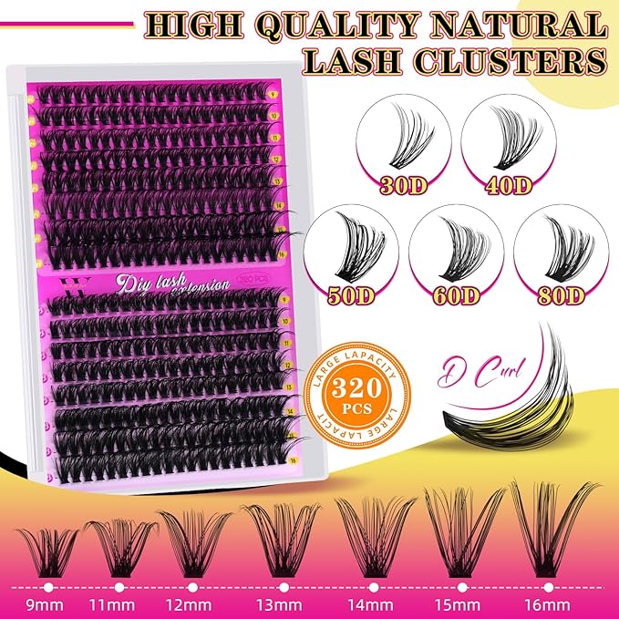 Lash Clusters 320PCS Individual Lashes D Curl Eyelash Clusters Mixed Length Cluster Eyelash Extensions Clusters Lashes with Thin Band Soft False Eyelashes DIY at Home(40D+50D,D-Mix9-16mm)