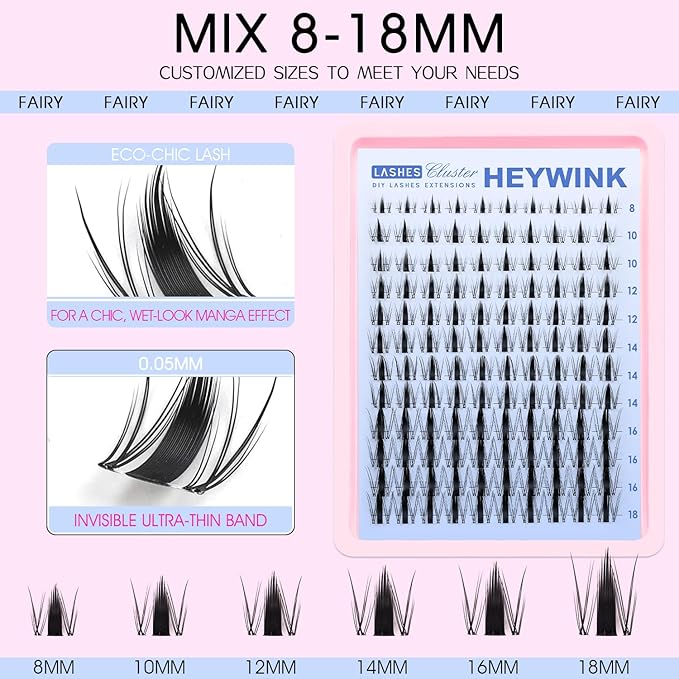 Fairy Lash Clusters Kit Manga Lash Clusters 8-18mm DIY Eyelash Extensions Kit Wet-Look Spiky Anime Individual Eyelashes Clusters with 0.05mm Ultra-Thin Invisible Lash Band by HEYWINK