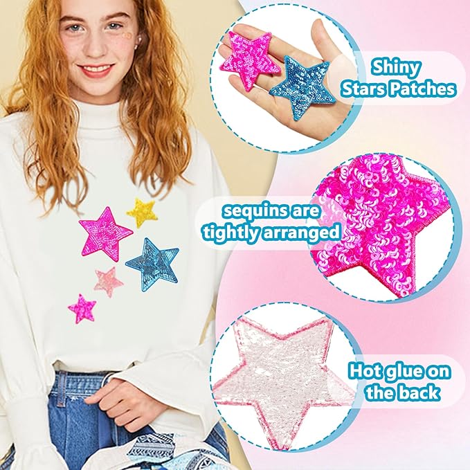 20Pcs Sequin Star Iron on Patches Glitter Stars Patches Embroidery Iron on Stars for Hats Clothes Backpacks Costume