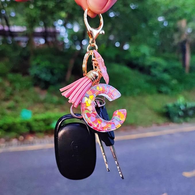 Cute Initial Letter Keychains for Women Girls Tassel Butterfly Pink Purple Green Keychain for Backpack School Bag