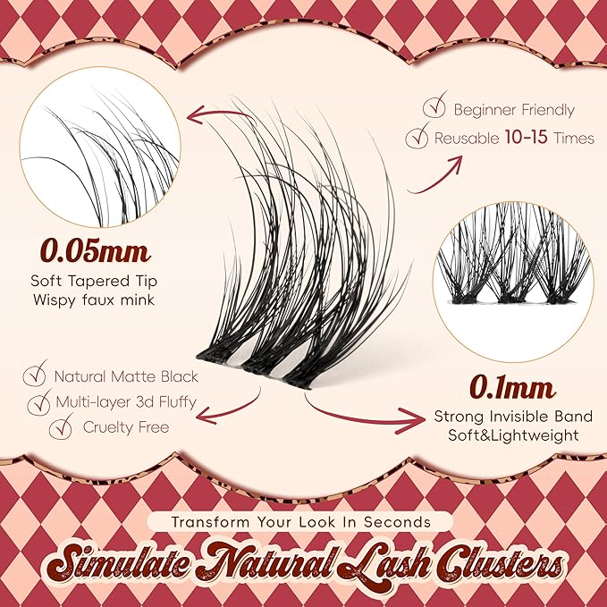 VYRILA Lash Clusters 0.05mm PBT Fiber Eyelash Clusters, 0.1mm Superfine Invisiband D Curl Diy Lash Extension, 72pcs 8-16mm Individual Like Eyelash Extensions (Soul-D-8-16Mix)