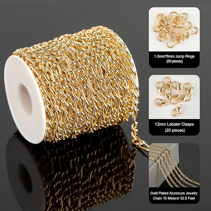 10 Meters Figaro Chain for Jewelry Making Gold Plated Aluminum Twisted Link Chains Roll with 50pcs Jump Rings + 20pcs Lobster Clasps