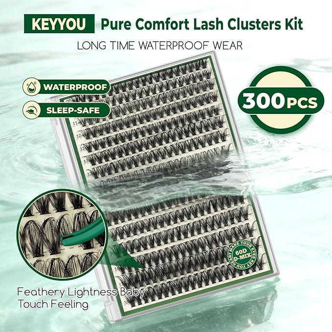 KEYYOU DIY Lash Extension Kit 300pcs Soft Lash Clusters 60D C Curl Easy to Apply with Lash Bond and Seal Lash Applicator Lash Remover Eyelash Extension Kit at Home(RMkit-60D-C-9-18mix)