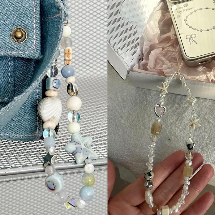 2 Pcs Phone Charm Strap Hand Universal for iPhone Wrist Strap Camera Lanyard Pearl Beaded Cute Chain String Accessories Universal for iPhone 17 Pro Max Samsung Women Girls Phones Bag Keychain