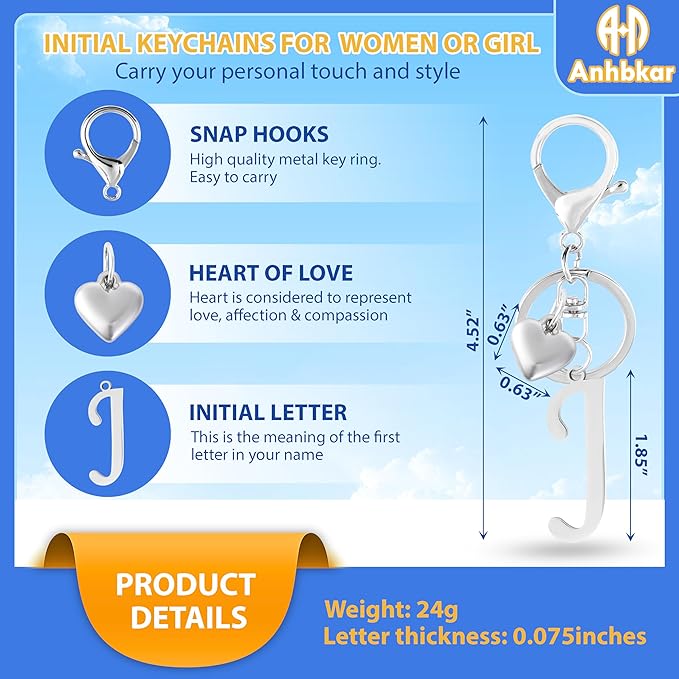 A-Z Heart Initial Letter Keychain, Stainless Steel Alphabet Charm for Handbags, Gift for Women and Girls