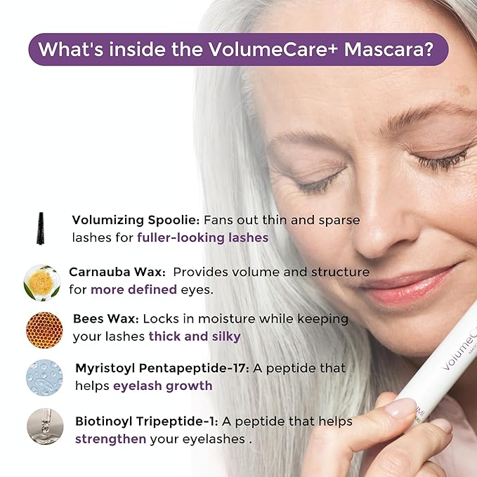 Rumi Cosmetiques VolumeCare+ Mascara For Mature Women - Extreme Length and Volume 2-in-1 Formula - No Clumps or Flaking, Long-Wearing, Hypoallergenic Mascara For Sensitive Eyes (Natural Black)