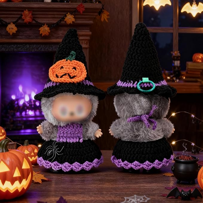 Knit Clothes for Labubu Dolls – 2-Piece Outfit Set (Knitted Hat & Dress), Fits 17cm Dolls, Soft and Stylish Doll Clothes Accessories (No Doll)_Purple
