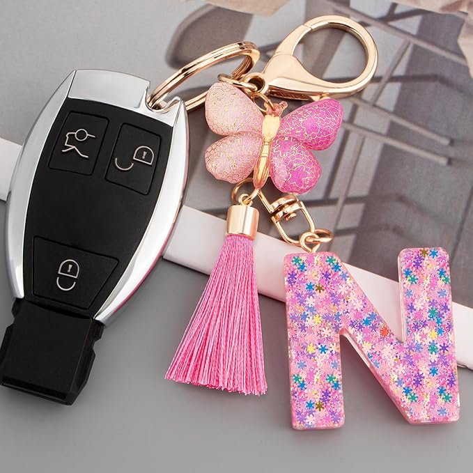 Suweibuke Cute Pink Key Chains for Women Girls, Initial Letter Keychains with Tassel, Charms for Key Purse Handbags Backpacks
