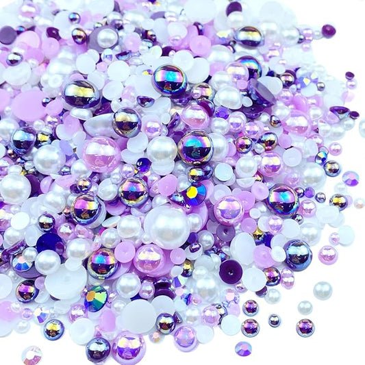 100g Mix Resin Rhinestones Flatback Half Round Pearls Mixed Size 3mm-10mm AB Color Half Pearls Resin Rhinestones for DIY Craft Nail Art Shoes Clothes Phone Case (Purple/White Series)