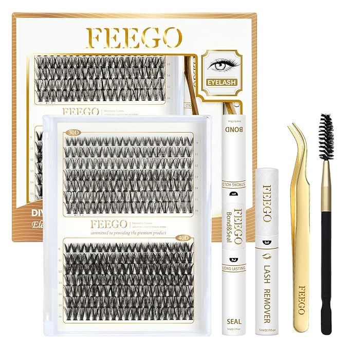 FEEGO Charming Kits 30D+40D D Fluffy Eyelash Extensions Kit, 280pcs Lash Clusters Wispy 9-16mm Applicator for Beginners, Individual Lashes, Lash Bond, Seal Glue, Remover (3040D Charming Kit)