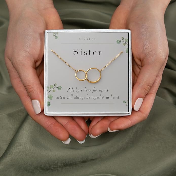 Suavell Sister Necklace - Sterling Silver Interlocking Double Circle Necklace - Birthday Gift for Sister - Maid of Honor Gift