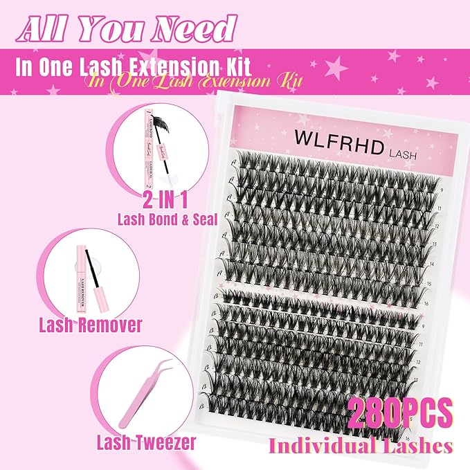 Lash Clusters Kit 280 Pcs DIY Individual Cluster Lashes D Curl Lash Extension Kit with Eyelash Bond and Seal, Remover, Tweezers Applicator Tool for False Eyelash Cluster Kit(30D 40D, Mix9-16mm Kit)