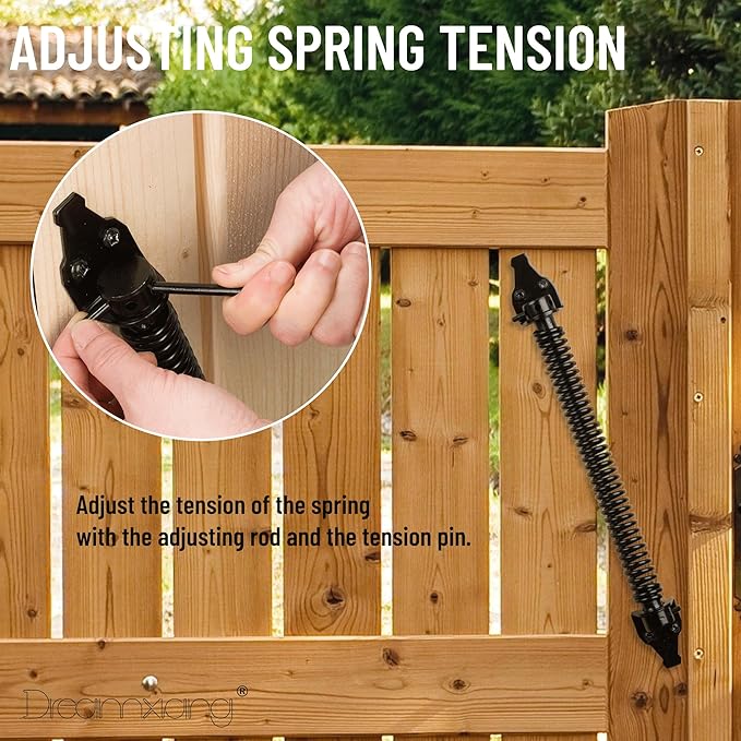 14" Gate Spring Self Closing Heavy Duty Outdoor Door Spring Automatic Fence Gate Closure Hardware Spring Loaded Gate Latch with Adjustable Tool for Wooden and Vinyl Fence, Black (1 Pack)