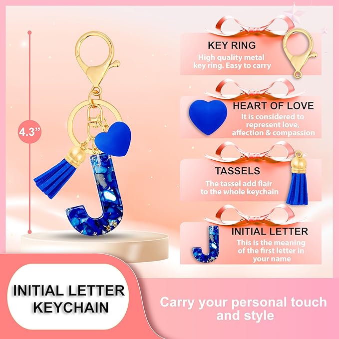 Initial Keychains for Women with Cute Heart Resin - Alphabet Letter Keychain for Bag, Backpacks, Purse or Car key