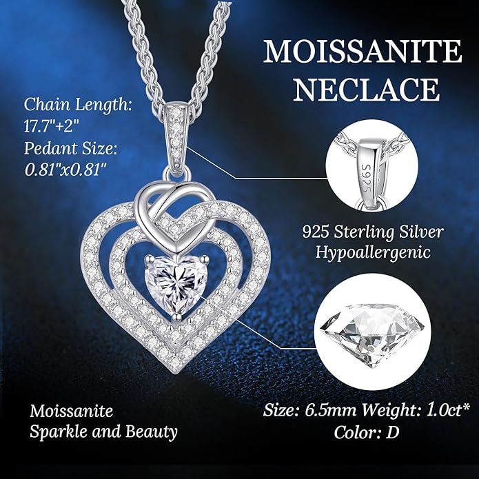 OOBEE Moissanite Heart Necklaces for Women, 1- 4 Carat Moissanite 925 Sterling Silver Gold Plating Fine Women Necklace，Ideal Anniversary Birthday Christmas Valentine Mothers Day Jewelry Gifts for Mom Wife Her Girlfriend