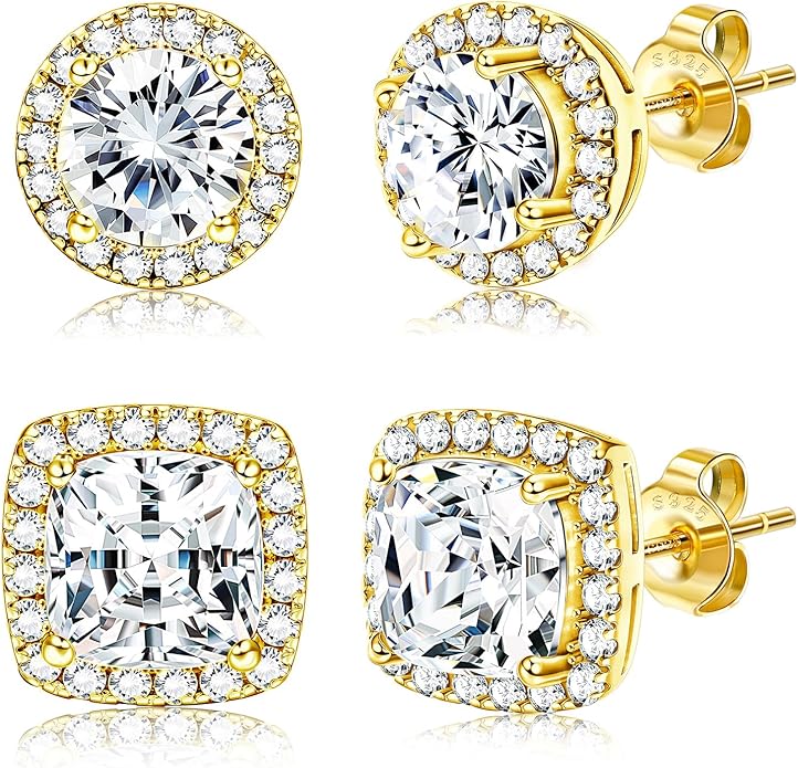 Hayoso 18K Gold Plated Halo Stud Earrings 925 Sterling Silver Cubic Zirconia Stud Earrings Round Square Diamonique Stud Earrings Set for Women Men