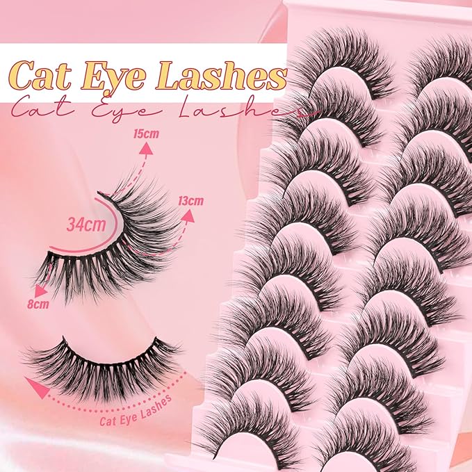 Ahrikiss Lashes Fluffy False Eyelashes Cat Eye Lashes 8 Pairs Faux Mink Lashes 5D Full Strip Lashes Kit with Lash Glue and Lash Tweezers Soft Wispy Fake Lashes (Plume)