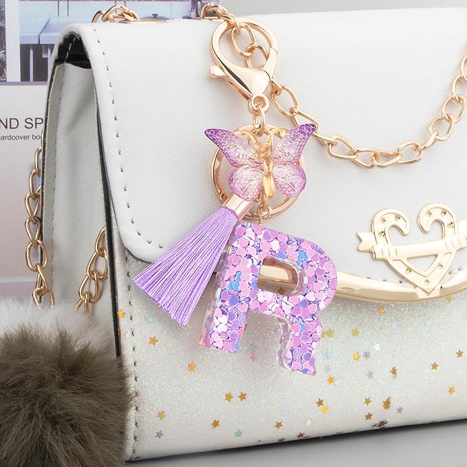 Initial letter Keychains for Women Girls Tassel Butterfly Cute Keychain for Wallet Backpack charm