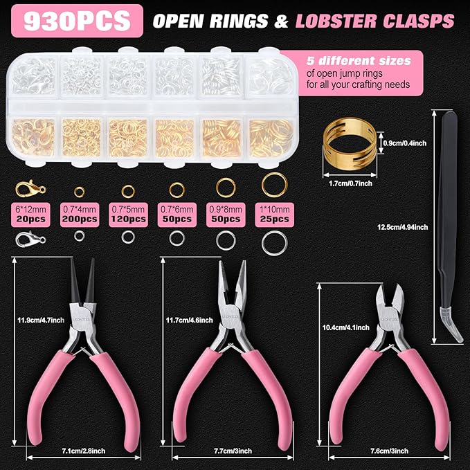 930 Pcs Jump Rings Lobster Clasps with Jewelry Pliers for Jewelry Making and Repair, Needle Nose, Round Nose Pliers and Wire Cutter, Tweezer, Thimble Ring for Wire Wrapping, Bracelets Crafts
