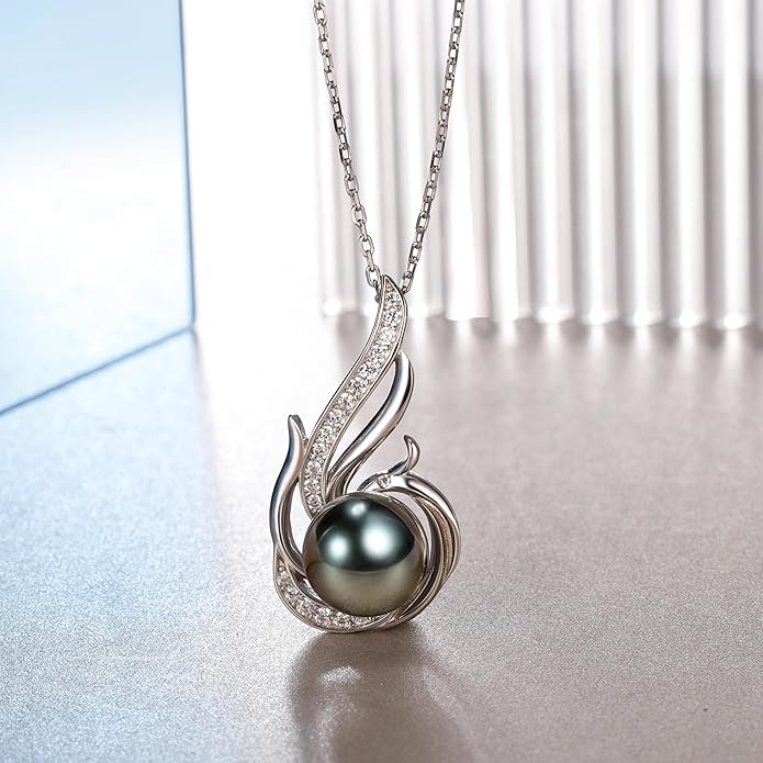 Tahitian Black Pearl Necklaces for Women 10-11mm - Pearl Necklace Phoenix Pendant | with 925 Sterling Silver 18" Chain - Christmas Mothers Day Valentine's Day Gifts For Women Wife Mom Grandma Girlfriend Daughter Her Best Friend Birthday Anniversary Fin...