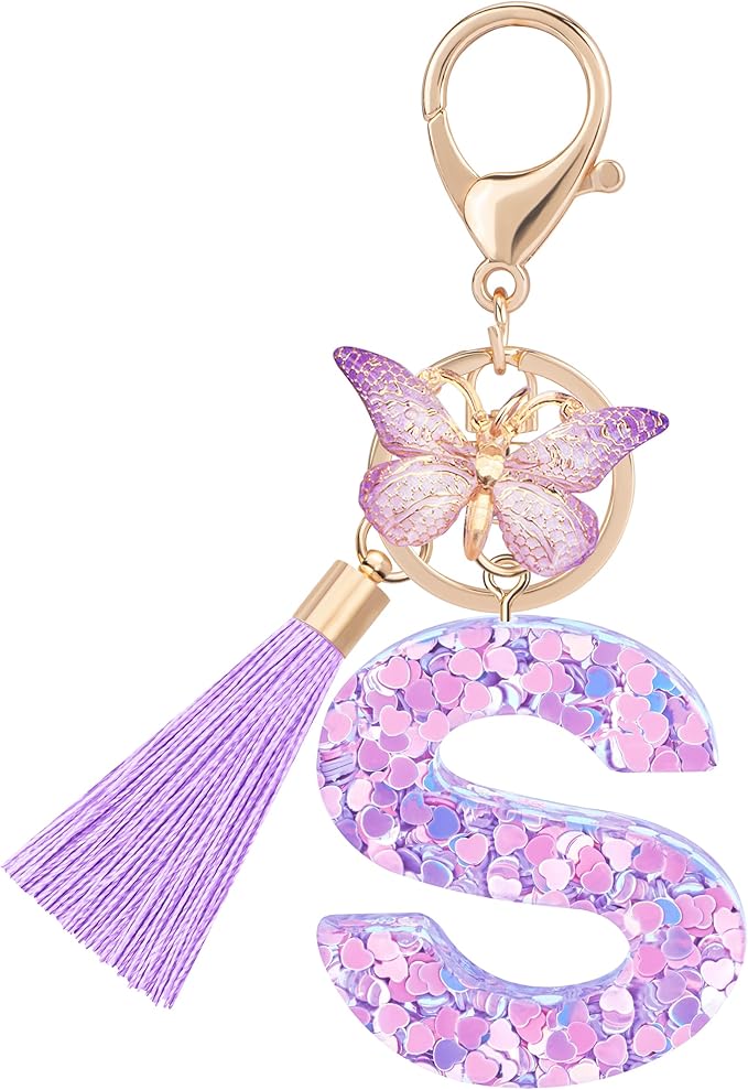 Initial letter Keychains for Women Girls Tassel Butterfly Cute Keychain for Wallet Backpack charm