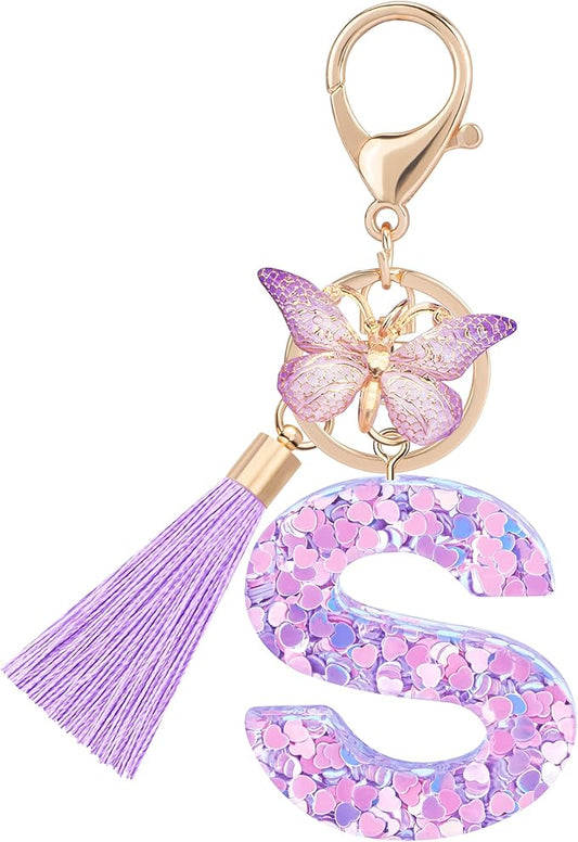 Initial letter Keychains for Women Girls Tassel Butterfly Cute Keychain for Wallet Backpack charm
