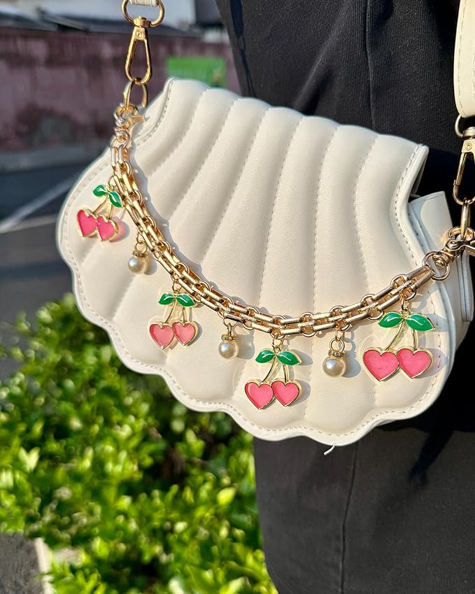 Cute Cherry Bag Chain Keychain with Pearl, Pink Bow Purse Charm, Trendy Handbag Bag Charm Keychain Accessories for Women