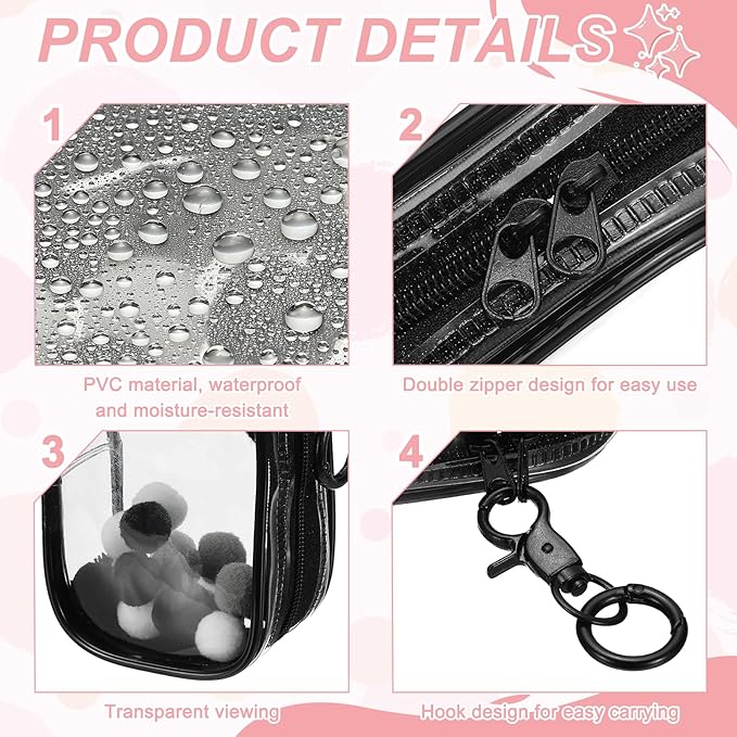 uxcell 3.5 Inch Clear Figure Display Bag, Mini Clear Pouch Waterproof Coin Pouch with Keychain and Pom Poms for Blind Box Doll Display (Square, Black)